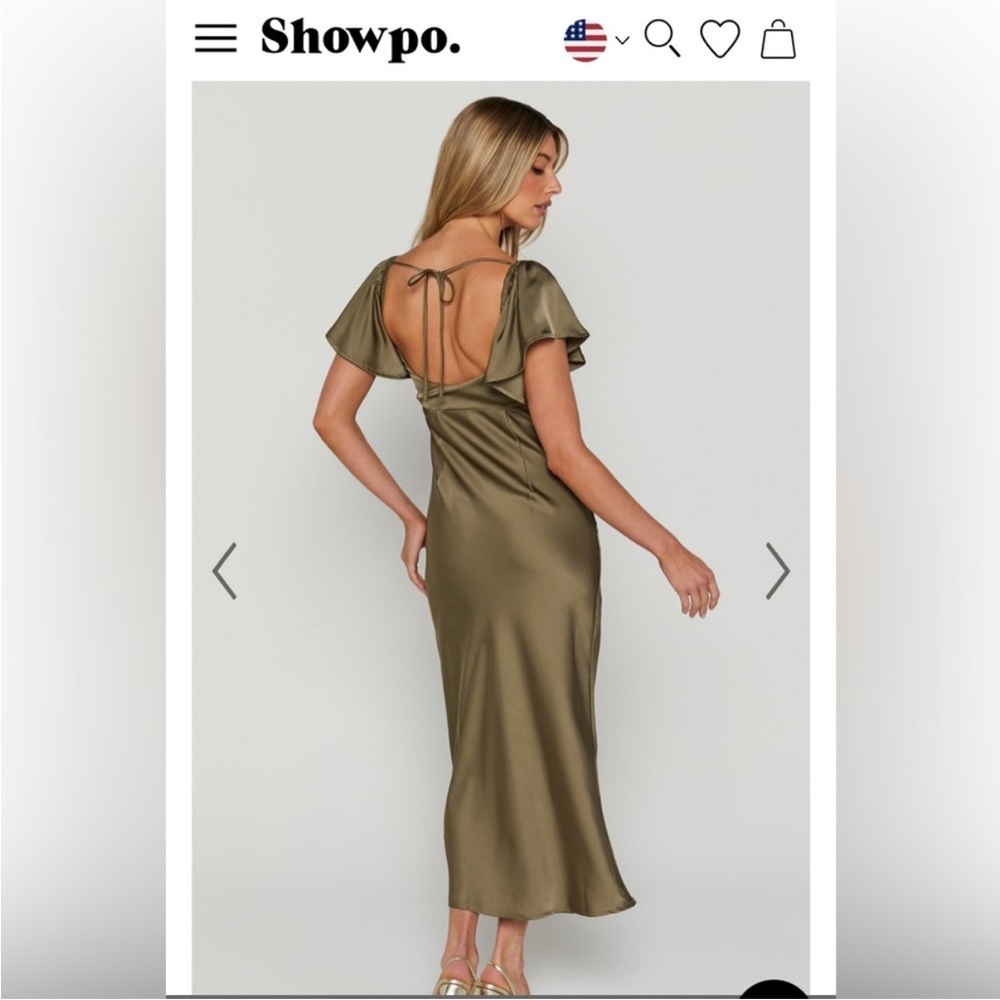 NWT! Showpo. Satin Midi Dress in Olive - Picture 2 of 4